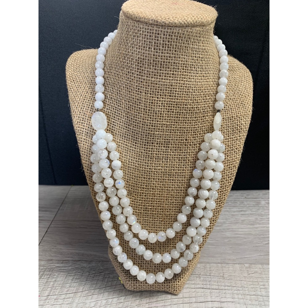 BBJ Sterling Silver 925 Triple Strand Moonstone Bead Necklace 20 Inch White